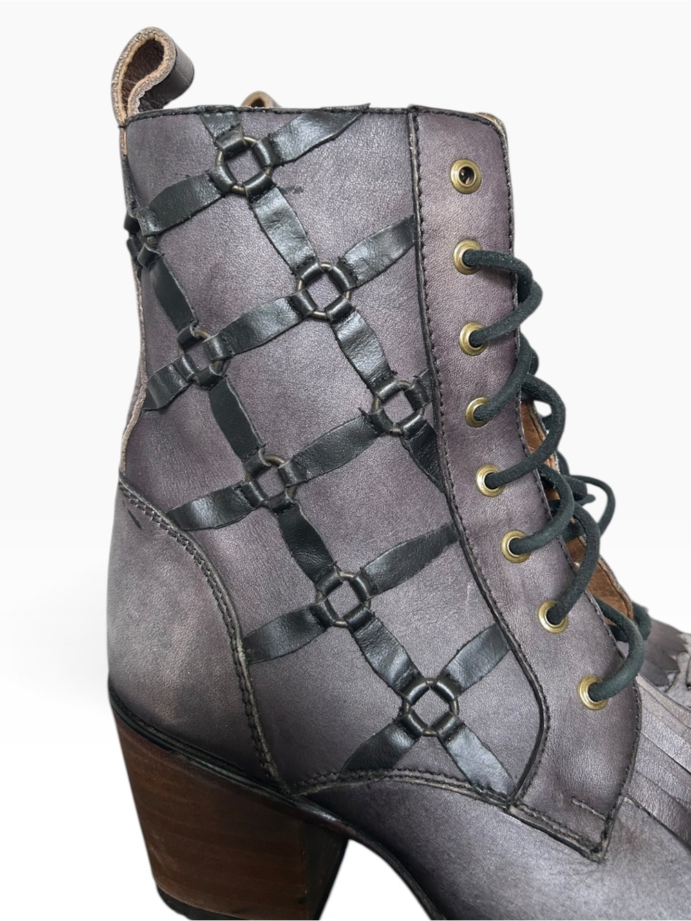 Corral Grey Distressed Fringe Kiltie Lace up Heeled Boot Size 7 - Picture 5 of 8